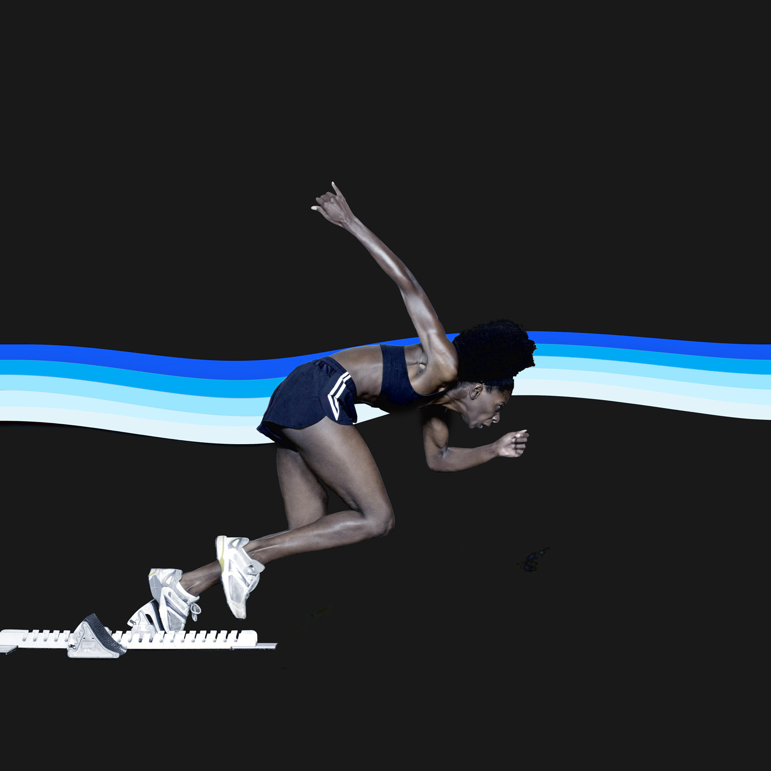 A sprinter launching powerfully from starting blocks against a dark background, her body angled forward in an explosive start. Behind her, a flowing band of layered blue and white stripes creates a sense of motion and energy.