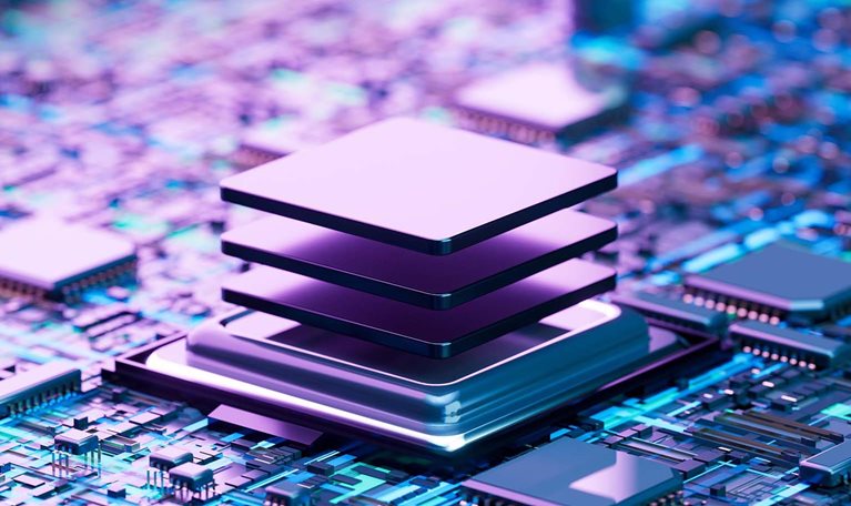 This image depicts advanced semiconductor packaging technology, where multiple chip dies are stacked to enhance performance. Such integrated stacking architectures are critical for accelerating machine learning and AI workloads.
