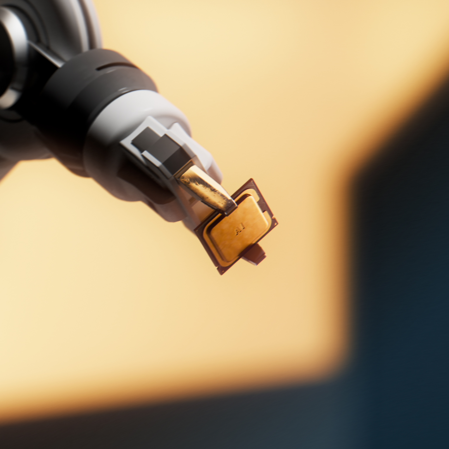The image shows a micro-electromechanical or semiconductor component, appearing to be a miniature surface-mount electronic package or packaged sensor held by a vacuum pick-and-arm tool during automated assembly.