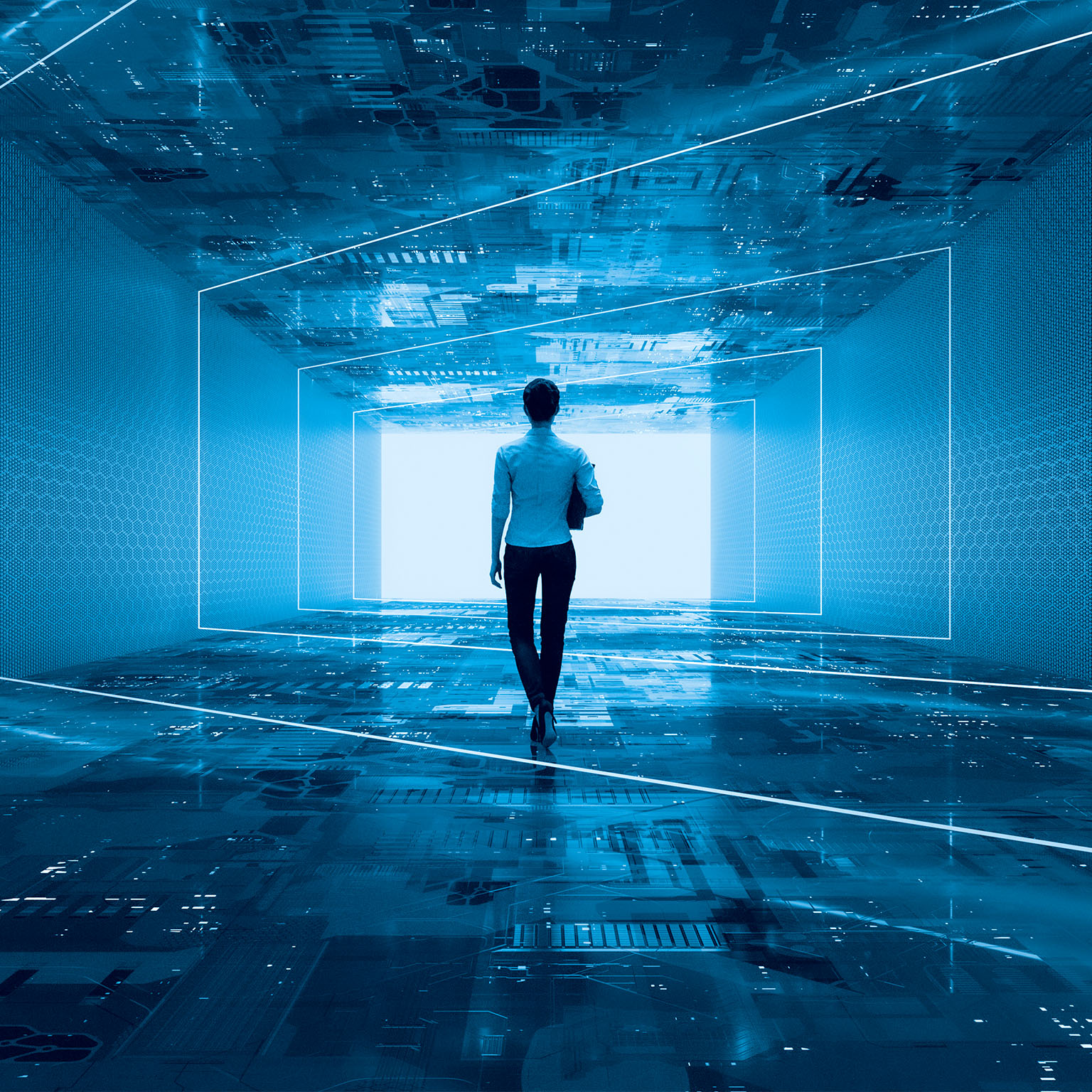 Businesswoman walking in VR environment - stock photo