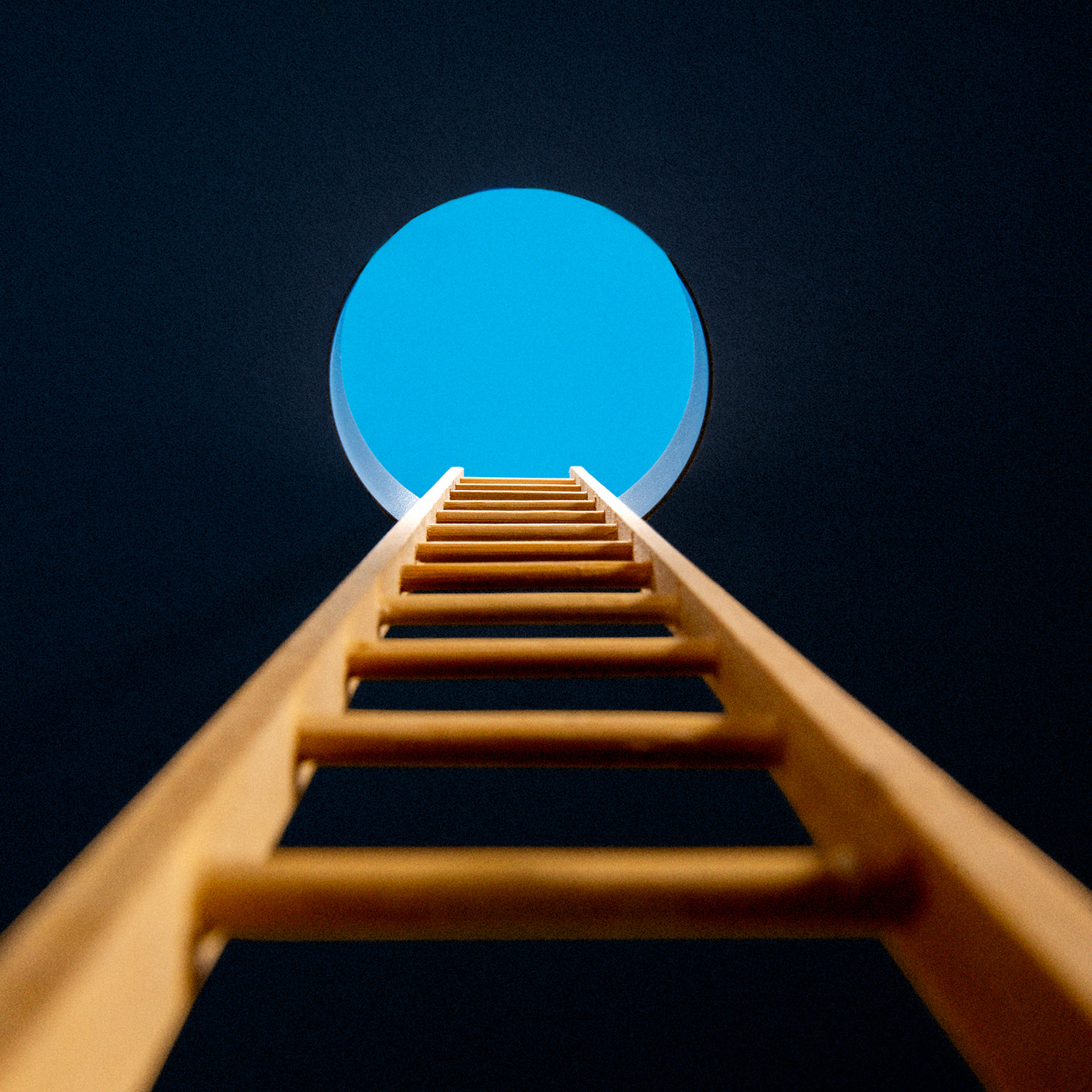 Point of view, looking up ladder sticking through hole in ceiling revealing blue sky