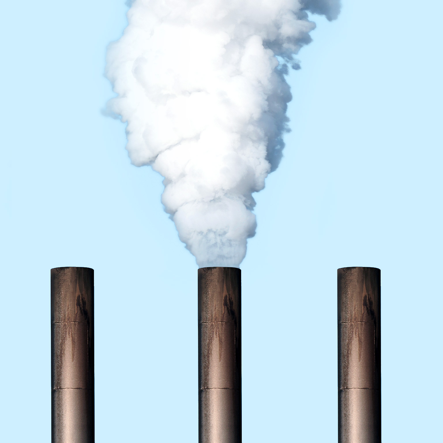 Five smoke stakes line up against a backdrop of a blue sky. A thick cloud of white smoke pours out from one of the stakes.