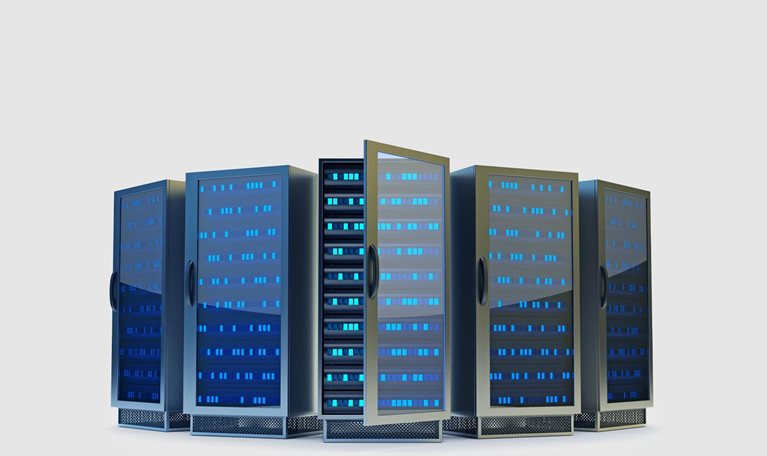 Five dark gray commercial server racks illuminated with blue lights. The central rack has its front door open, revealing the hardware inside.