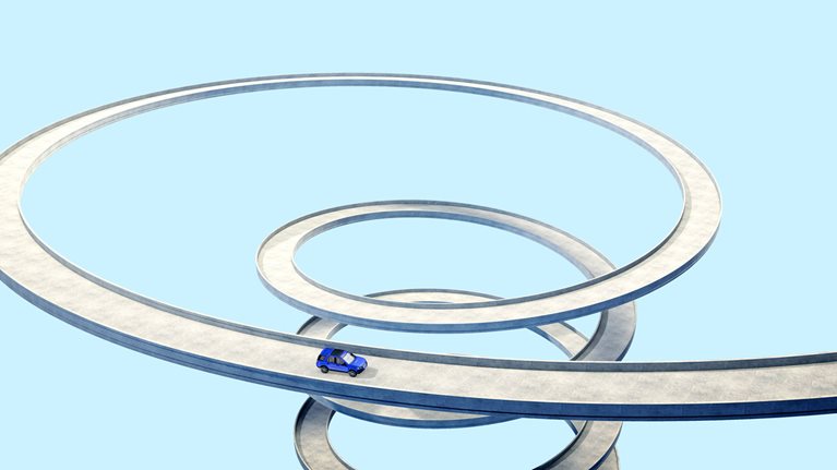  A conceptual depiction of a blue vehicle traversing a lengthy, curving pathway in a spiral form. The backdrop is a uniform, pale blue hue.