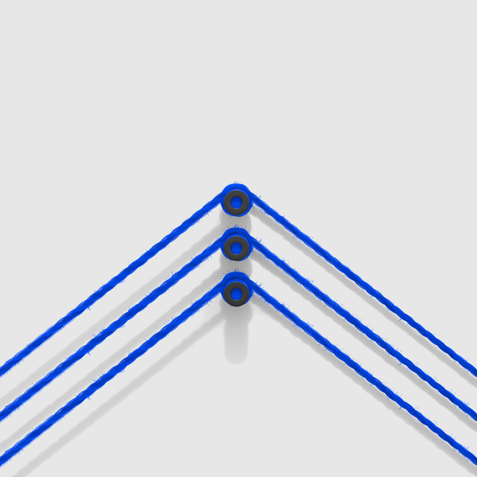 Three blue strings cross over a peg at the center of the frame, creating an arrow-like shape pointing upward.