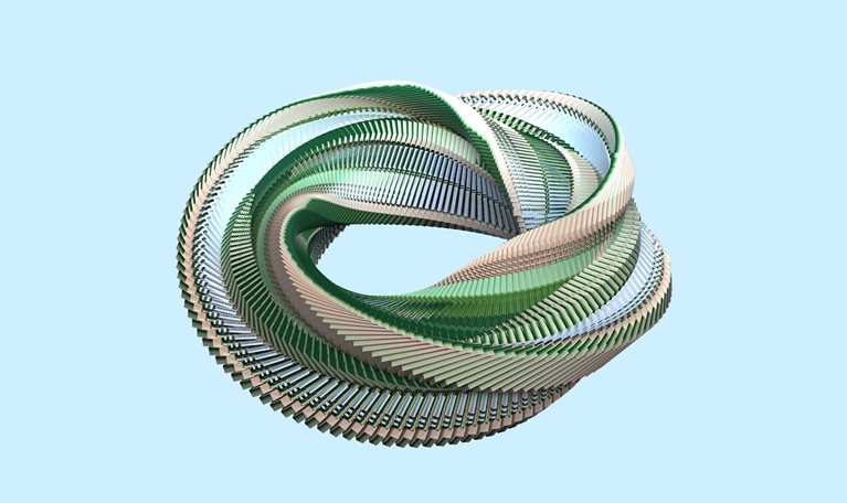 A digitally generated image of green and beige colored data server discs organized into a twisted looped circular pattern against a light blue background