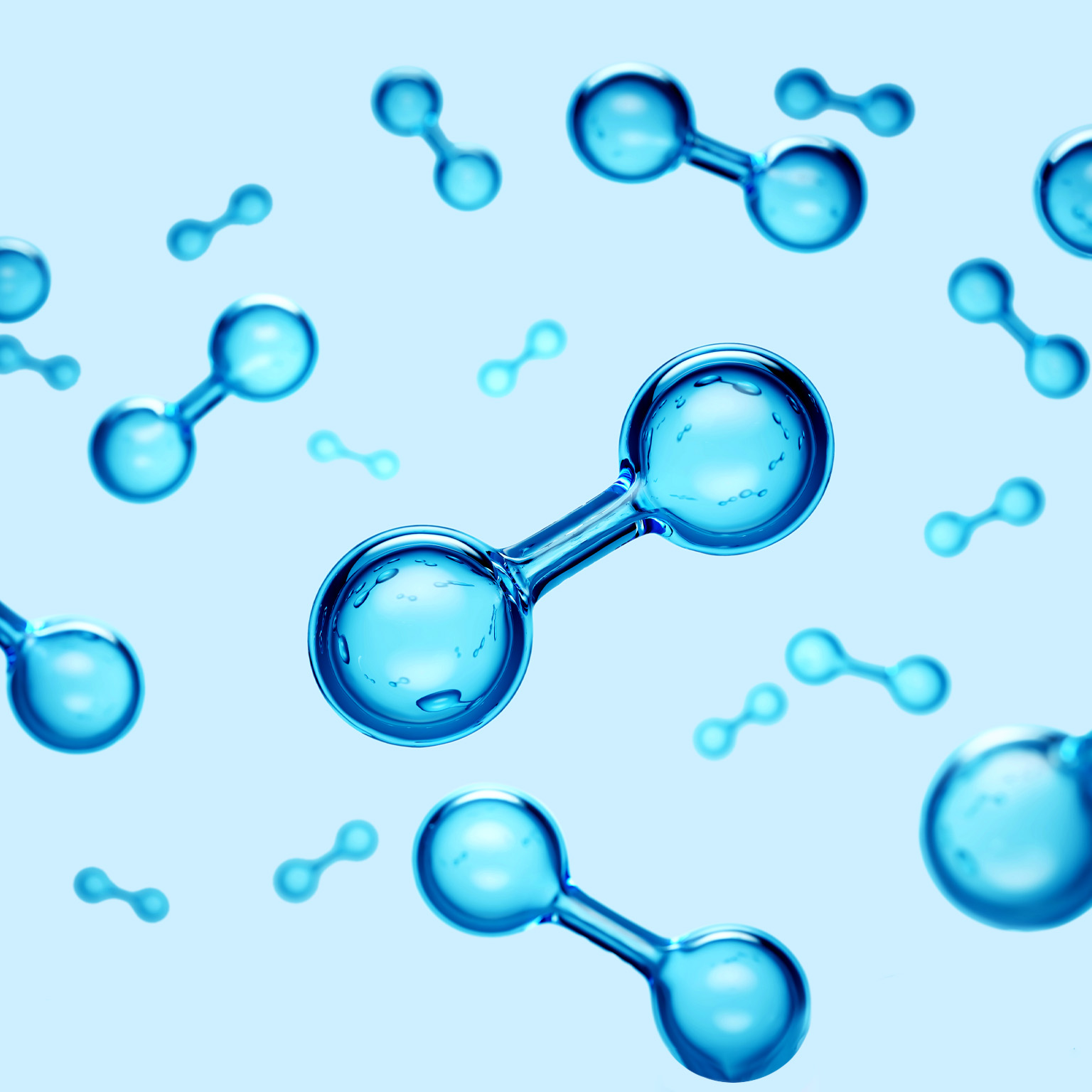 3D render of blue colored hydrogen molecules.