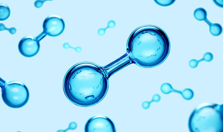 3D render of blue colored hydrogen molecules.