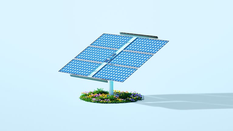 Digital generated image of solar panel system standing on circle with grass and flowers on blue background