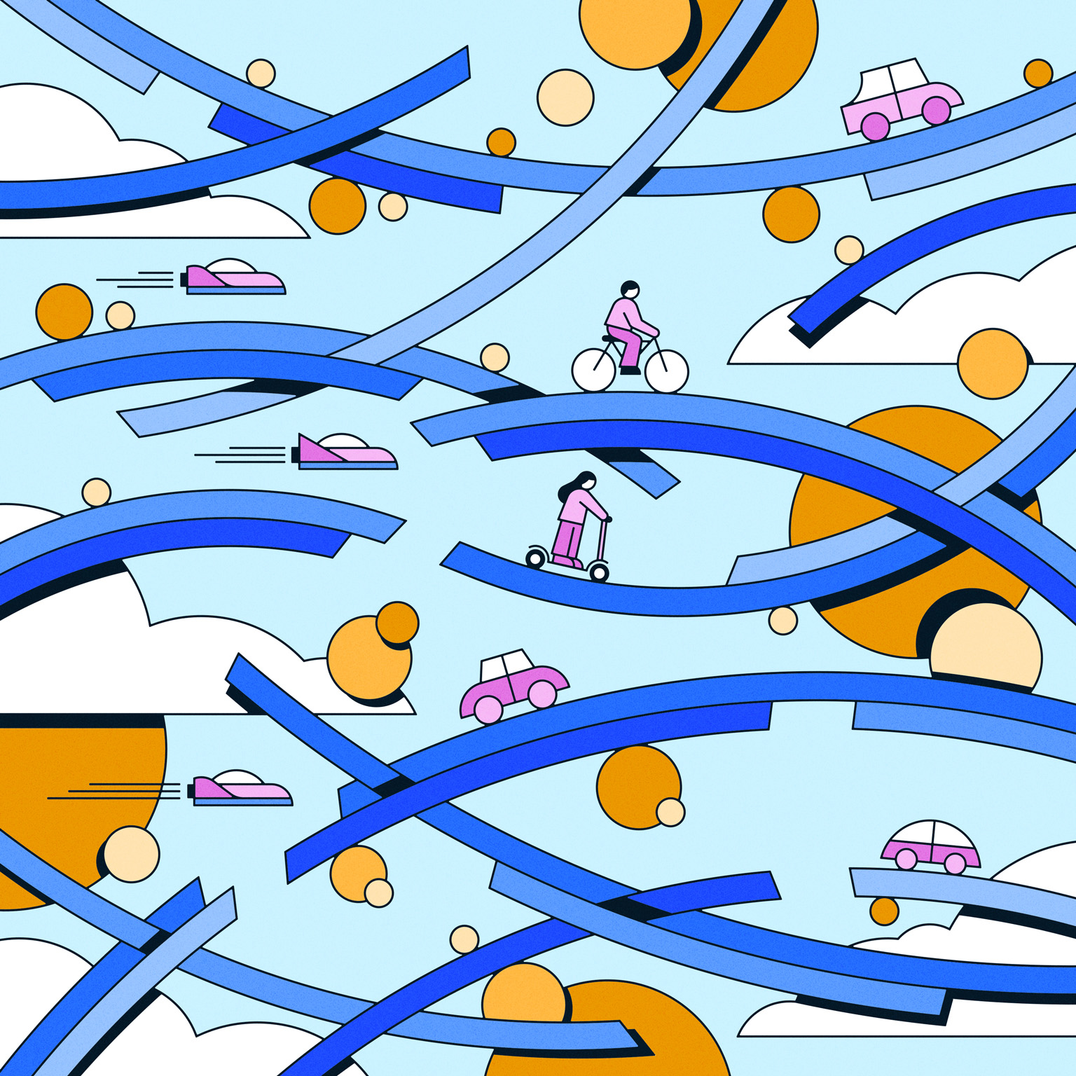 A playful design features various modes of transportation, including bicycles, scooters, and stylized cars and flying vehicles, on curved blue tracks set against a light blue sky. The scene is enhanced with round orange and white shapes resembling suns and clouds.