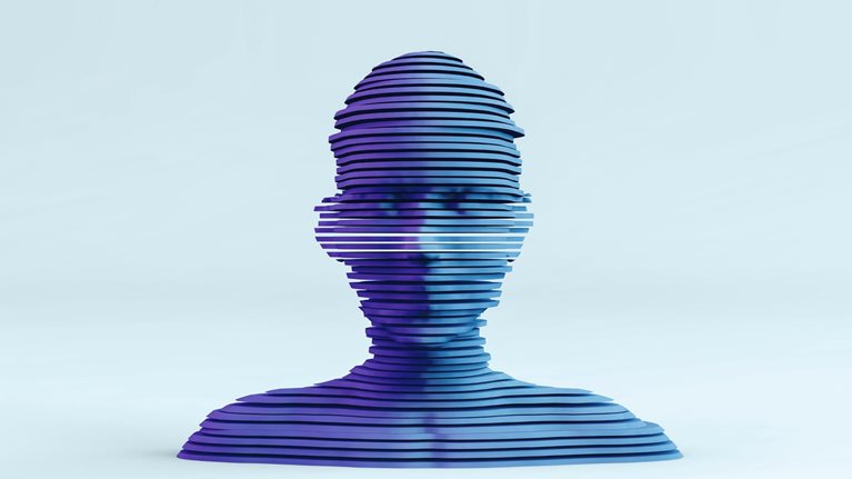 3D layered shape cyborg head on neon colored background