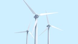 3 wind turbines against a light blue sky.