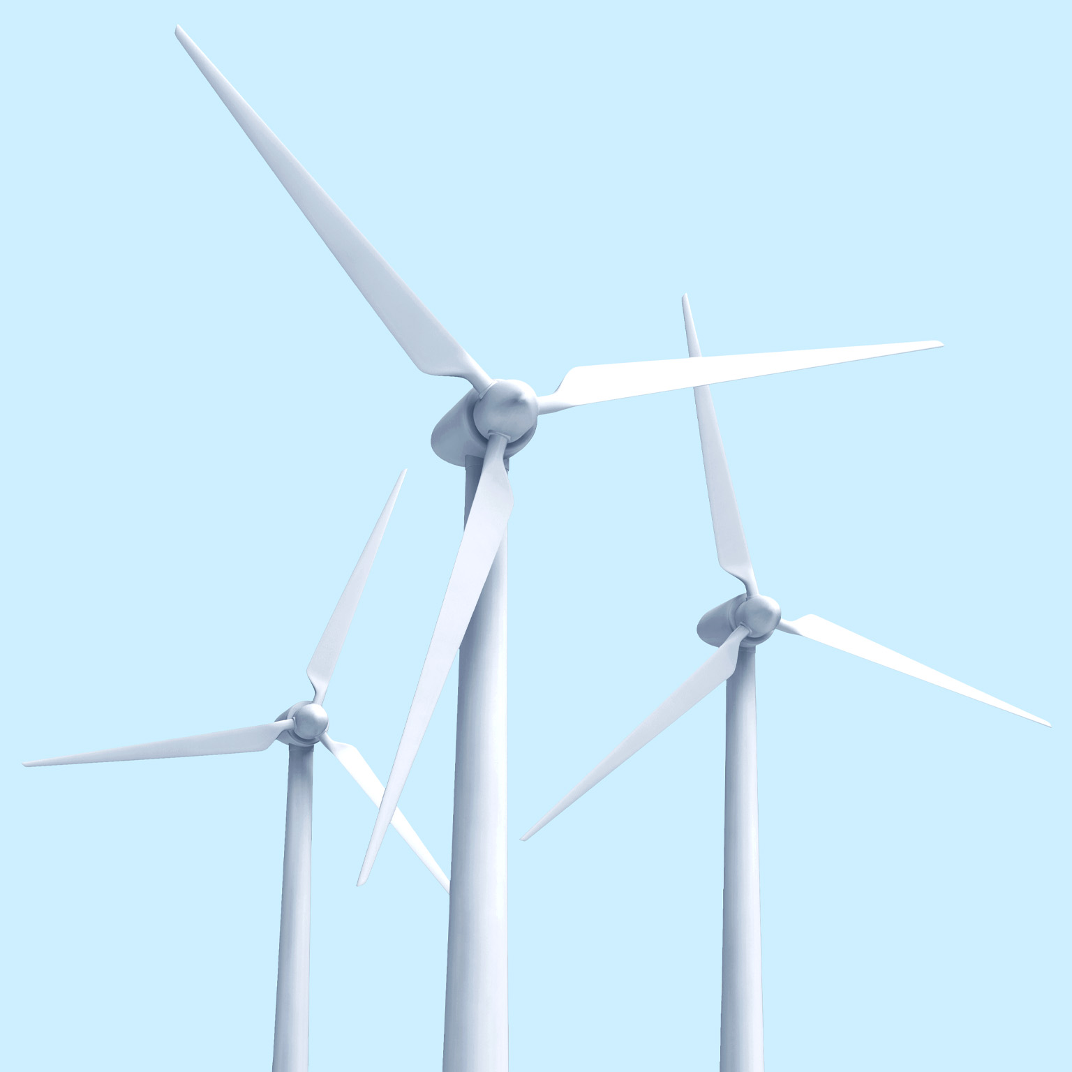 3 wind turbines against a light blue sky.