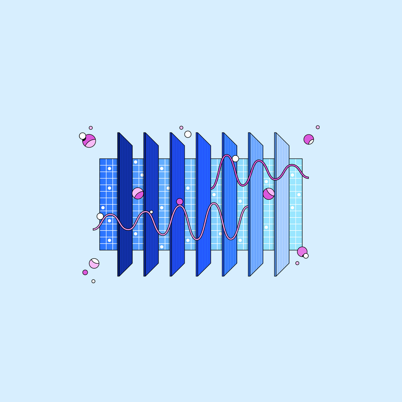 Conceptual illustration of 7 glasslike panels floating over a grid. The panels transition from dark to light blue and 2 pink lines weave past the panels and pink dots float around the grid.
