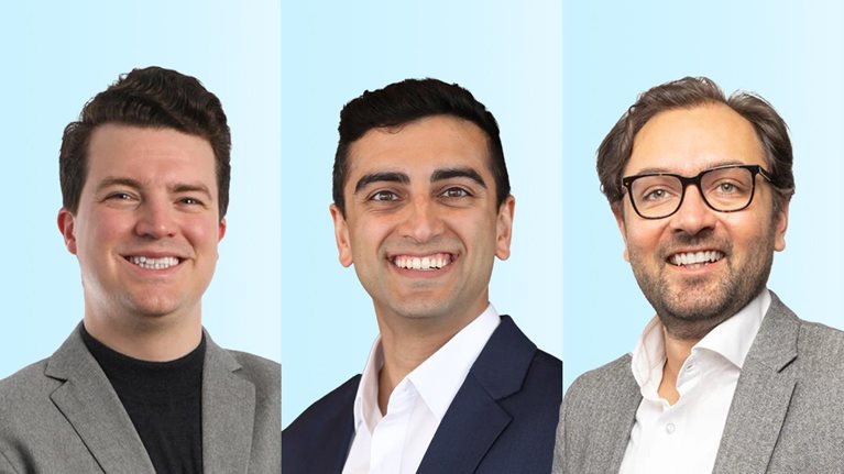 Separate side by side portraits of Alex Wolkomir, Ankit Kapoor and Vaibhav Gujral against a light blue background, each smiling at the camera. They are dressed in business and smart-casual attire.