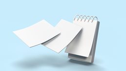 3D notepad illustration with pages flying off