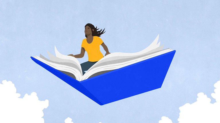 An illustration of a woman sitting on an oversized open blue book as it flys through the sky. The woman leans forward with eyes closed as wind sweeps though her hair. The scene is framed by a blue sky and fluffy white clouds.