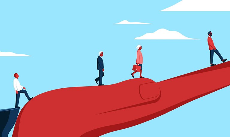 An illustration of a hand reaching out to help people cross a chasm. The hand represents mentorship.