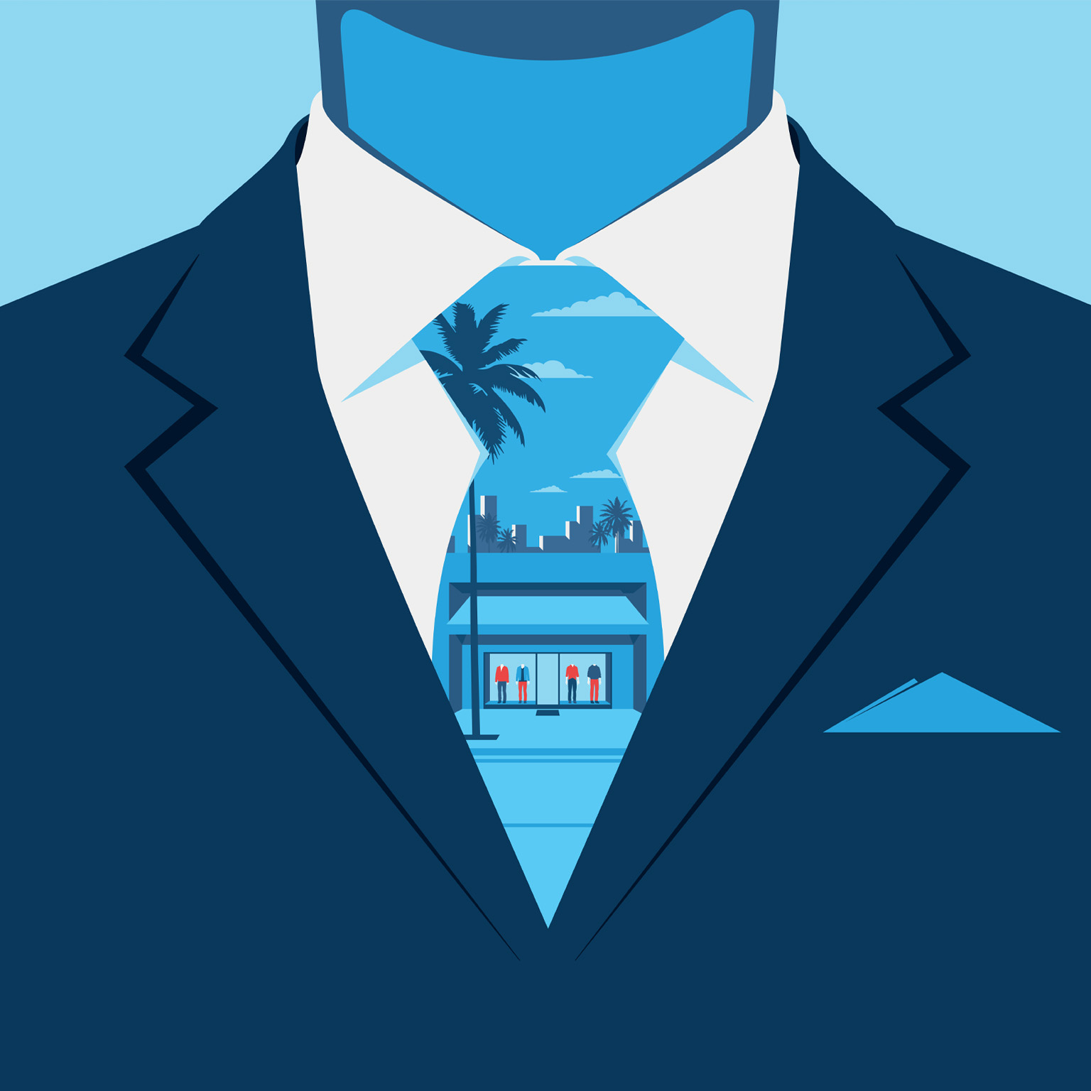 A stylized depiction of a man's suit, with the tie serving as a window into a tropical Miami cityscape featuring a small shop with men's wear mannequins in its window.