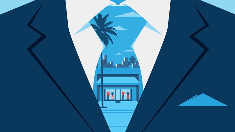 A stylized depiction of a man's suit, with the tie serving as a window into a tropical Miami cityscape featuring a small shop with men's wear mannequins in its window.