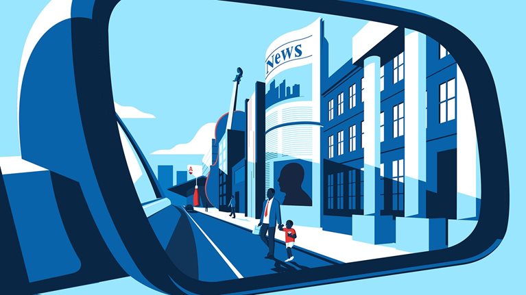 An illustration of a father and son crossing the street of a whimsical depiction of Detroit, Michigan. All seen through the perspective of the side mirror of a car.