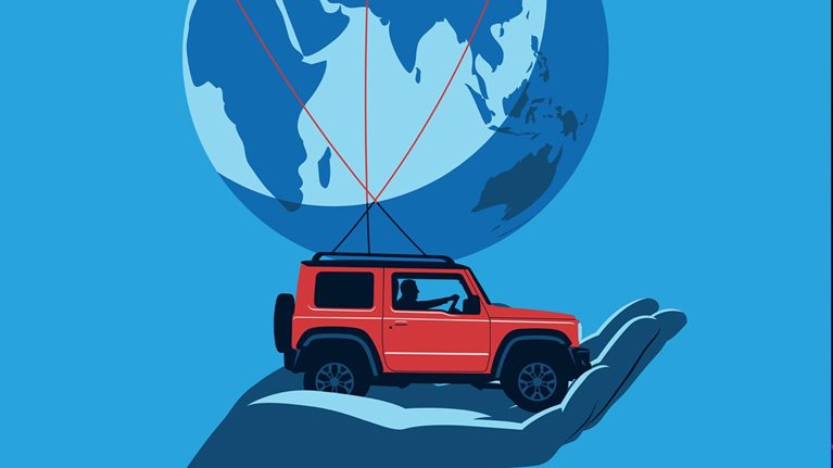 An illustration of a red SUV with a man at the steering wheel, carrying a globe on its roof, rests in a large hand set against a blue background