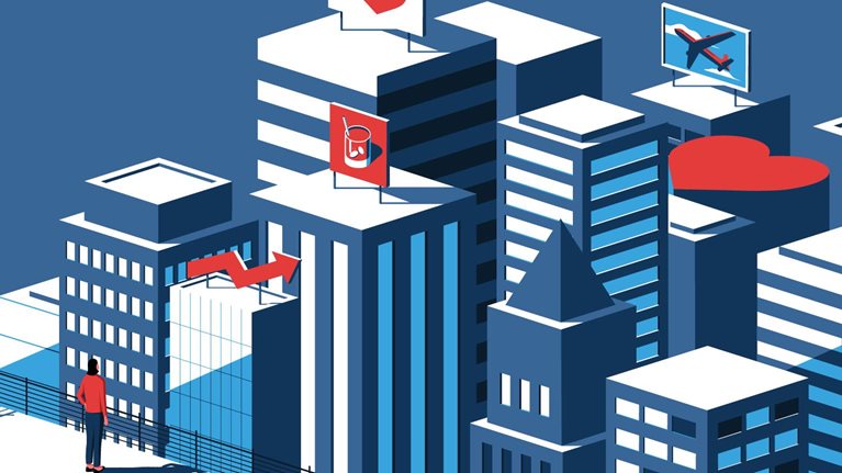 An illustration of a woman standing on a rooftop looking up at billboard advertisements on neighboring rooftops