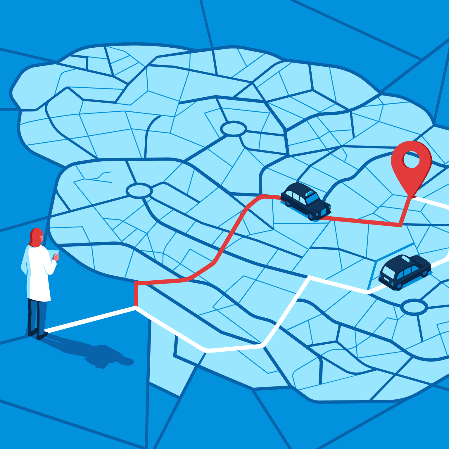 The image shows a brain-shaped map with two taxi routes, suggesting a journey within the brain's neural pathways. A female researcher in a white lab coat is observing this journey.
