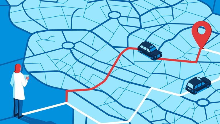 The image shows a brain-shaped map with two taxi routes, suggesting a journey within the brain's neural pathways. A female researcher in a white lab coat is observing this journey.