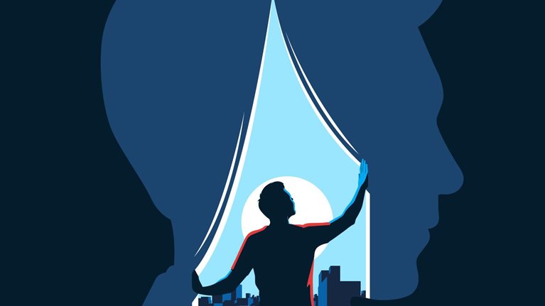 In the illustration, a person is looking through a window at a cityscape. The window is in the shape of a human head, which represents the mind.