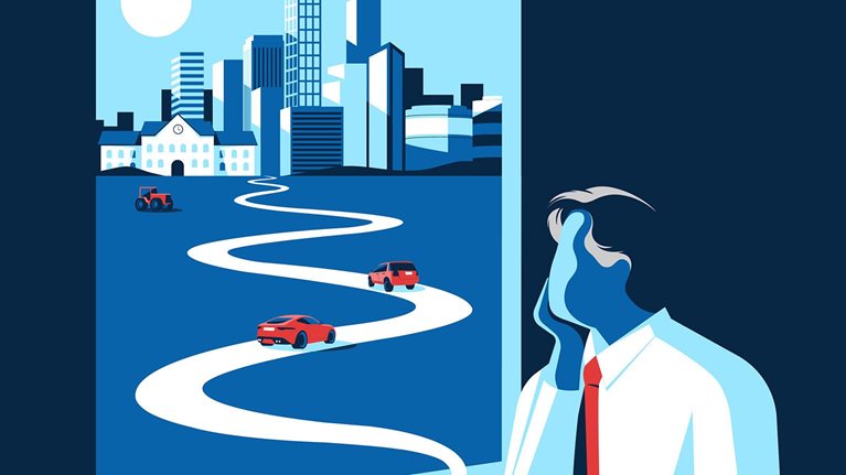 A business man peers out of a window while enjoying a cup of tea. Within the cityscape are cars, a tractor, and a university building.