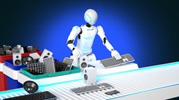 A humanoid robot sorting electronic devices and components on a conveyor belt, with bins of keyboards, phones, speakers, to its side.