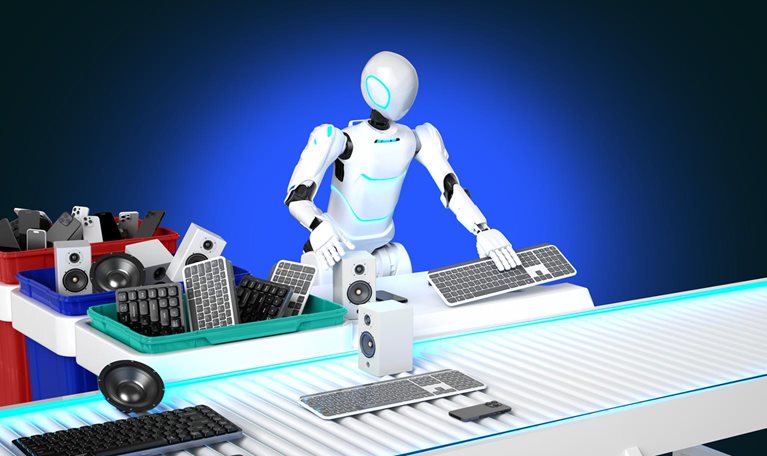 A humanoid robot sorting electronic devices and components on a conveyor belt, with bins of keyboards, phones, speakers, to its side.