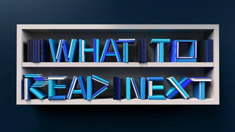 Books stacked on a bookshelf to spell out "What to read next"