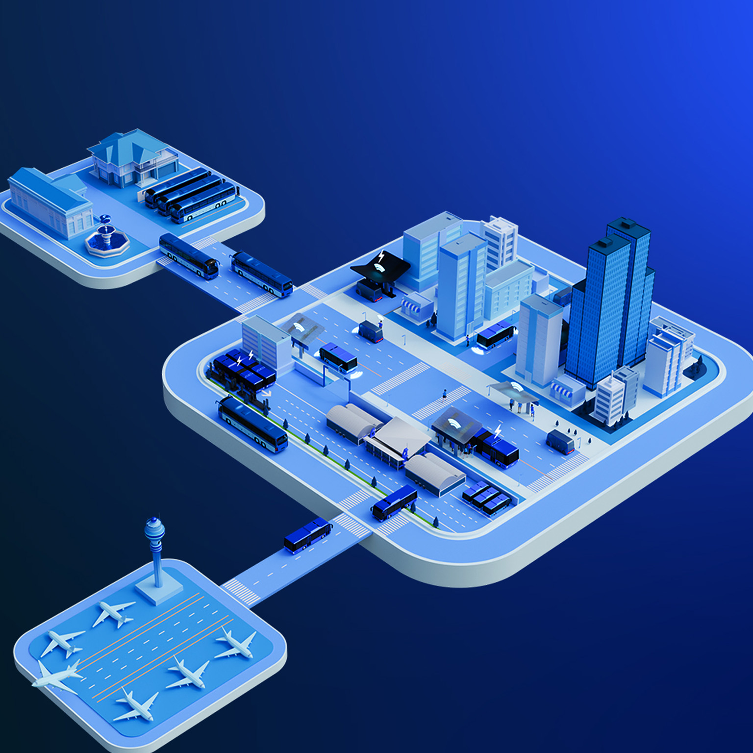 3D isometric illustration of busses traveling within a cityscape