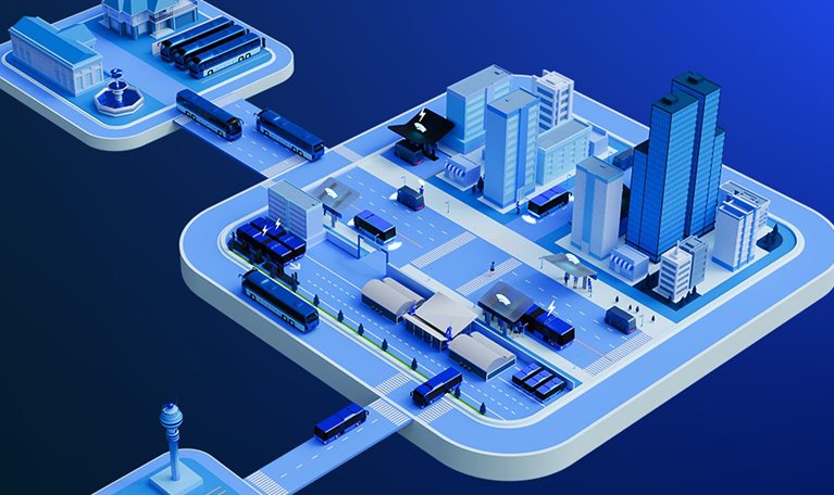 3D isometric illustration of busses traveling within a cityscape