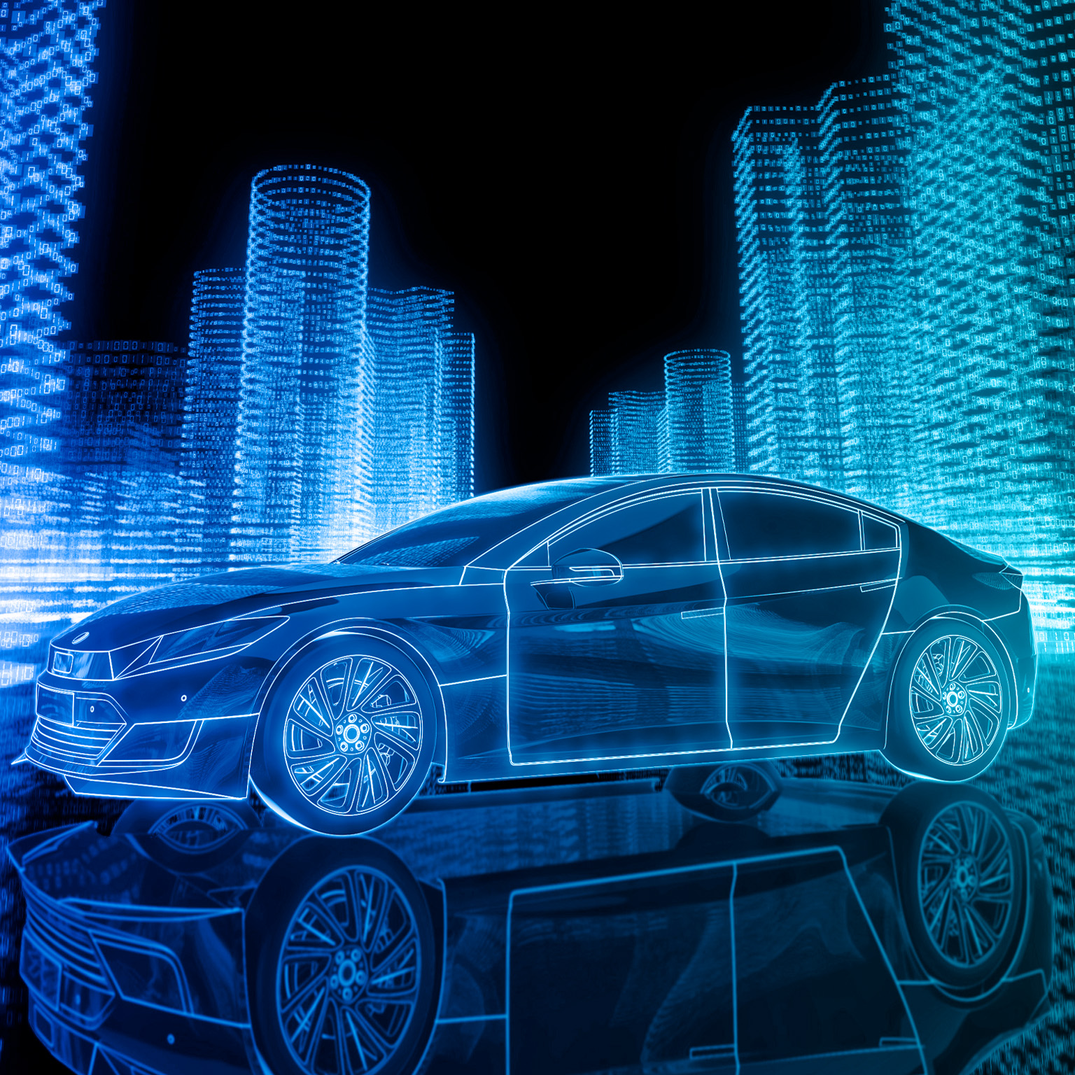 A 3D image composed of neon linework depicts a modern car surrounded by towering city-like structures made entirely of binary code.