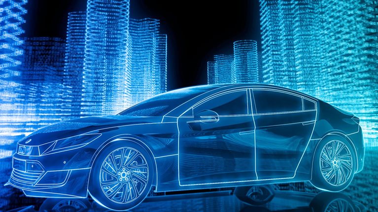 A 3D image composed of neon linework depicts a modern car surrounded by towering city-like structures made entirely of binary code.