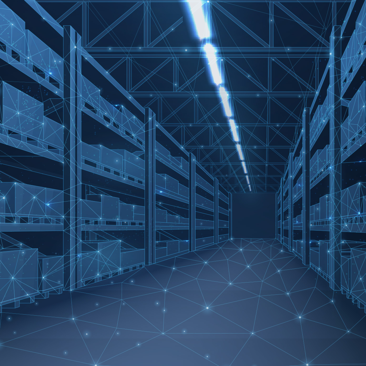 Smart warehouse. Boxes stocked away on pallets, digital network connecting everything.