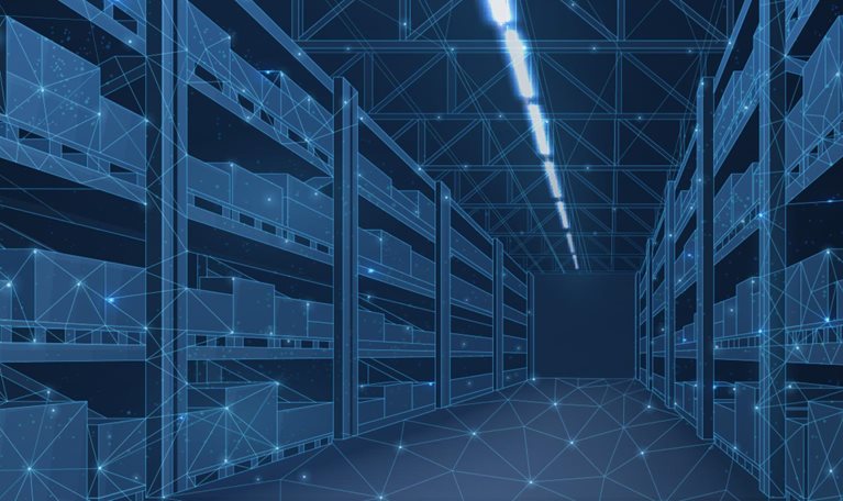 Smart warehouse. Boxes stocked away on pallets, digital network connecting everything.
