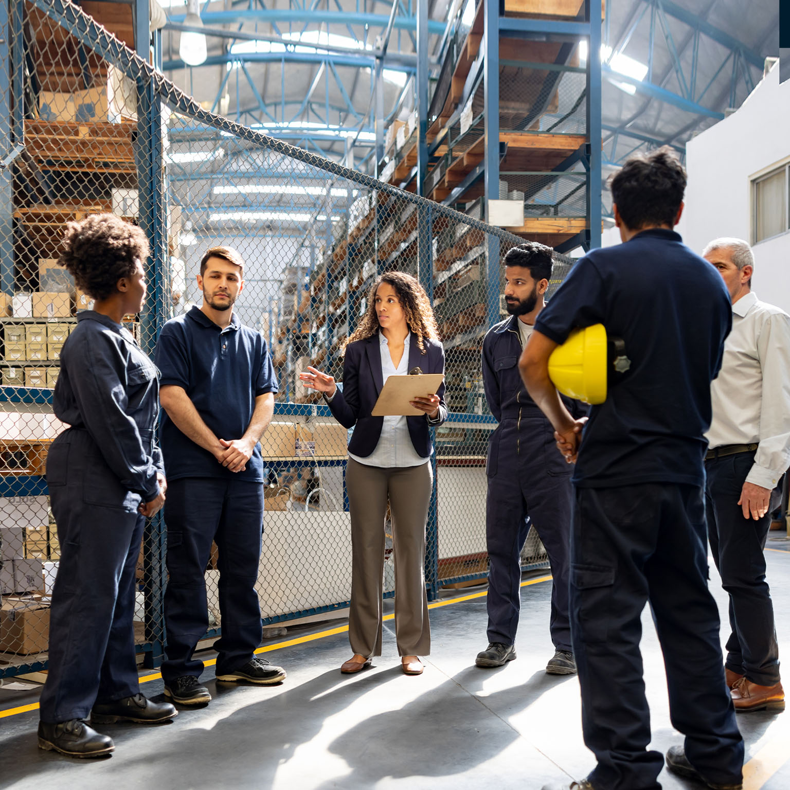 Female manager talking to a group of Latin American workers at a distribution warehouse.