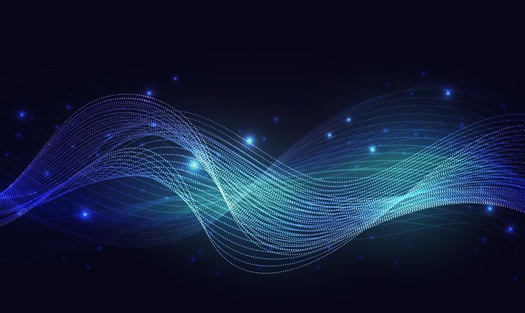 Luminous neon blue waves, abstract light shine effect, magic wind with glowing sparkles