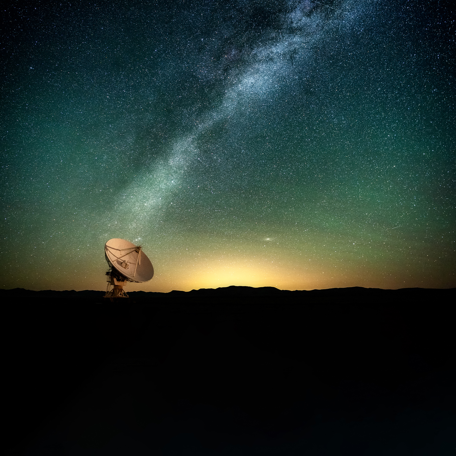 The Milky Way over a radio telescope at the Karl G. Jansky Very Large Array National Radio Astronomy Observatory in New Mexico