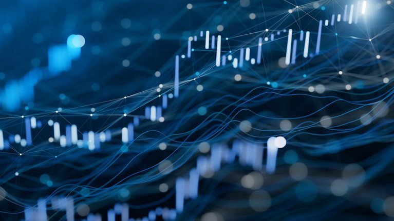 The image is an abstract, digital illustration representing financial data and market trends.