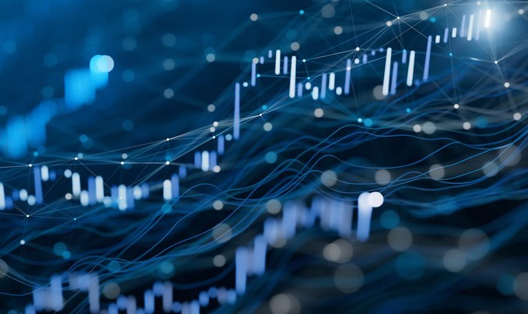 The image is an abstract, digital illustration representing financial data and market trends.
