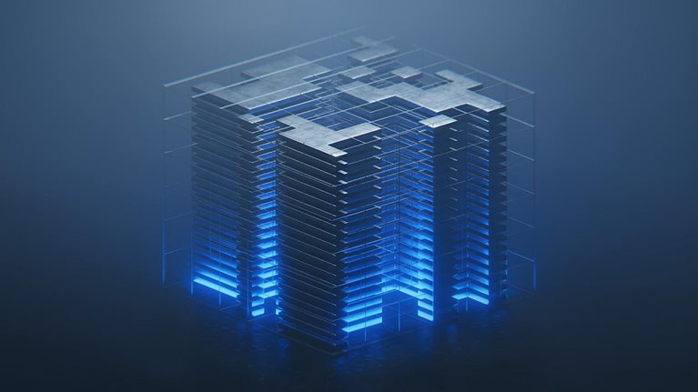 Digitally generated image of an cubic data tech block, abstract design featuring several interconnected, box blocks-like structures that appear to pattern. These blocks are illuminated with a digital blue and green color scheme, with countless tiny, glowing elements resembling data streams or circuit boards. Artificial intelligence, machine learning or digital transformation concept.
