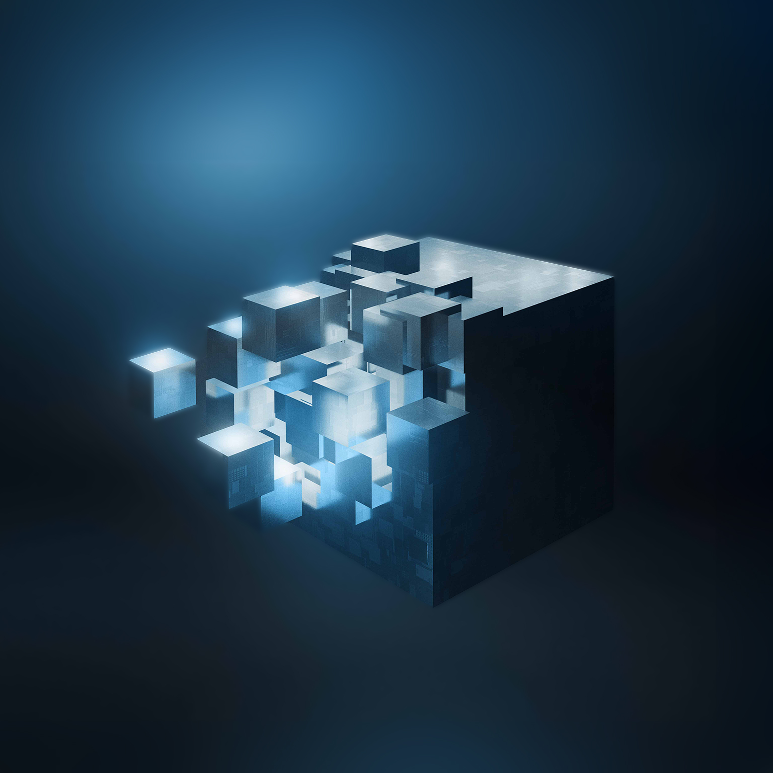 Futuristic render of 3D cube against dark background