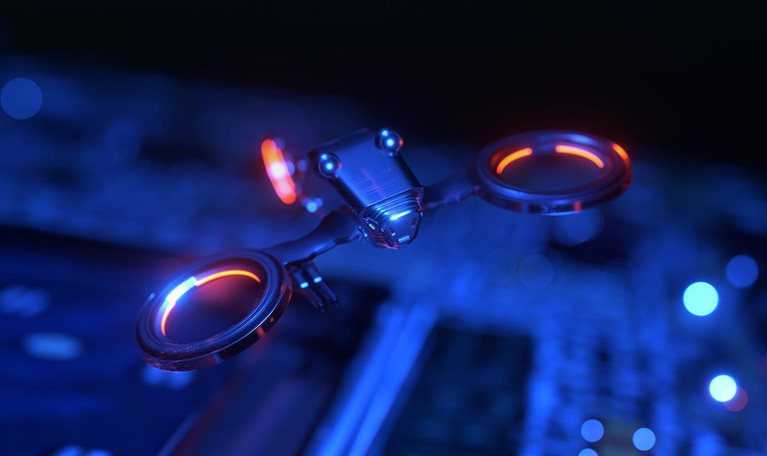 The item shown is a cutting-edge, cyber-style drone illuminated with orange and blue lights.