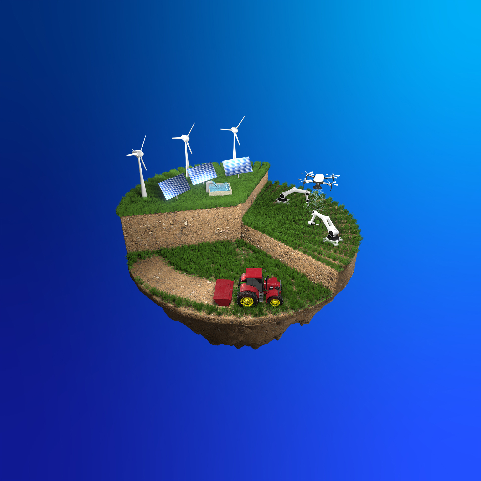 Circle of land divided into three parts, with one third a renewables farm with solar panels and windmills, one third a row of crops with drones and advanced technology, and one third a tractor harvesting crops.