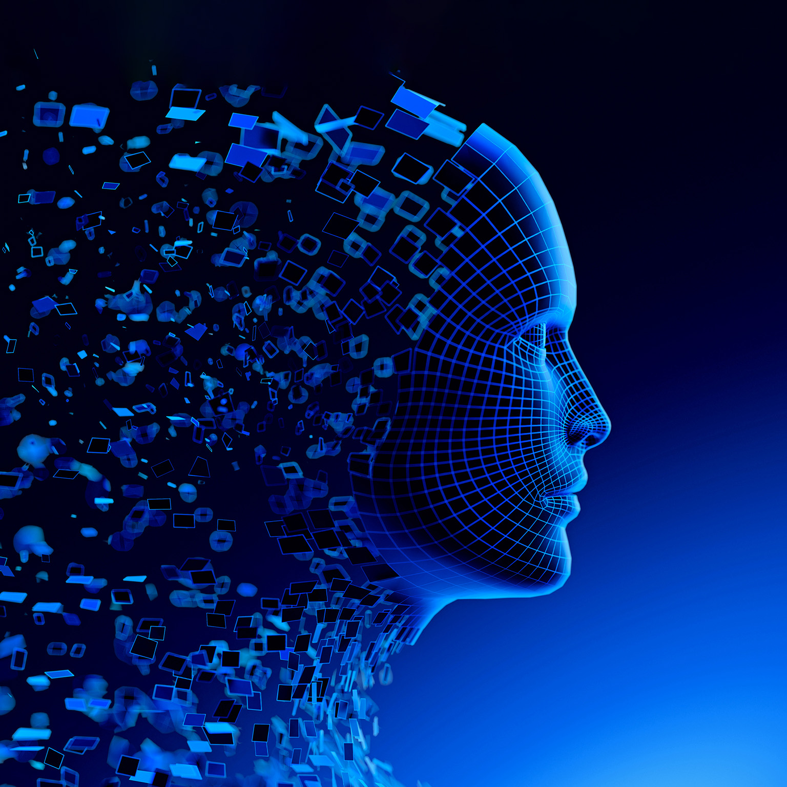 Illustration of the profile view of a blue wireframe human head with digital cubes floating away from it